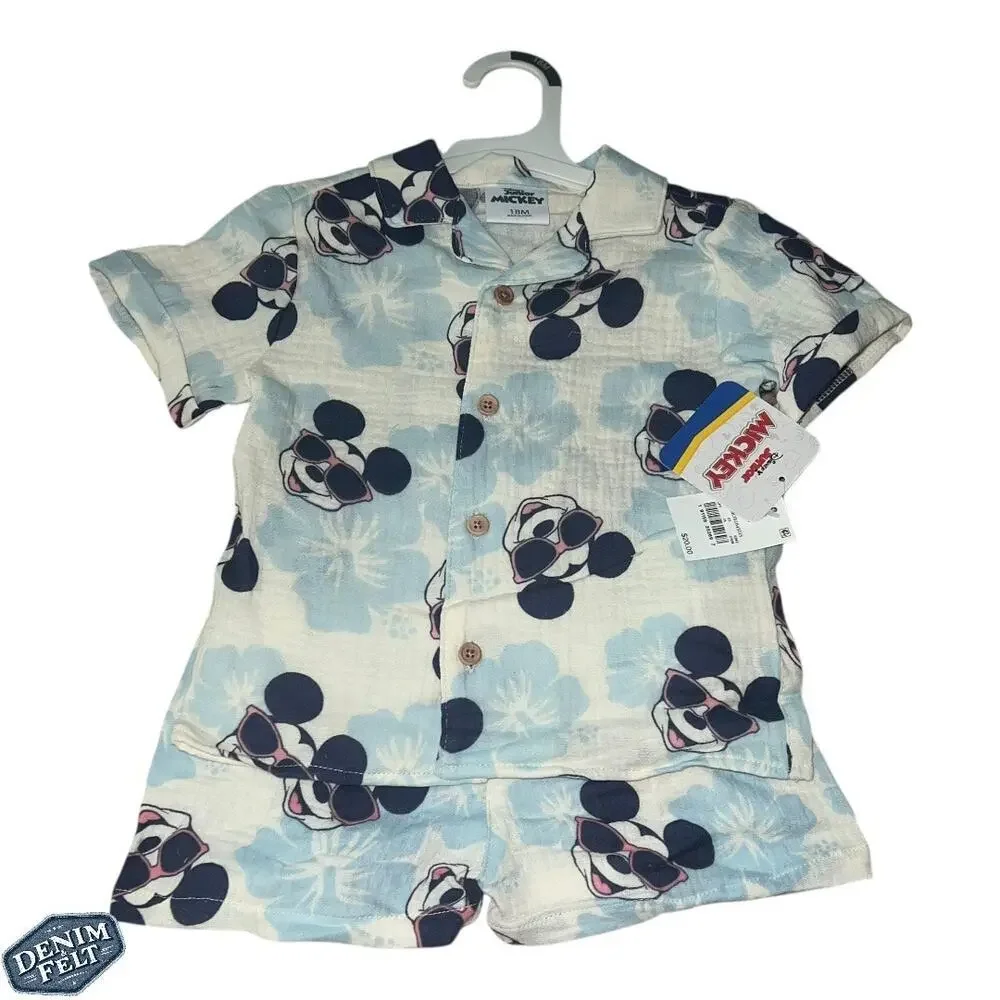 Disney Toddler Boys' 2pc Mickey Mouse Woven Gauze Button-Up‎ Top & Shorts Set